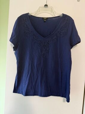 Talbots Deep Navy Short-Sleeve V-Neck Tee with Embroidered Yoke